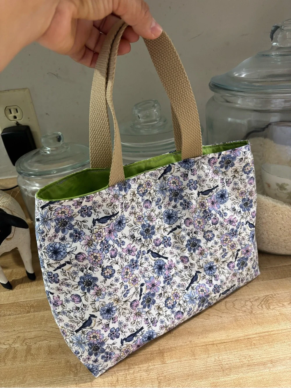 Floral Bird Print Tote Bag in White and Blue - Brand